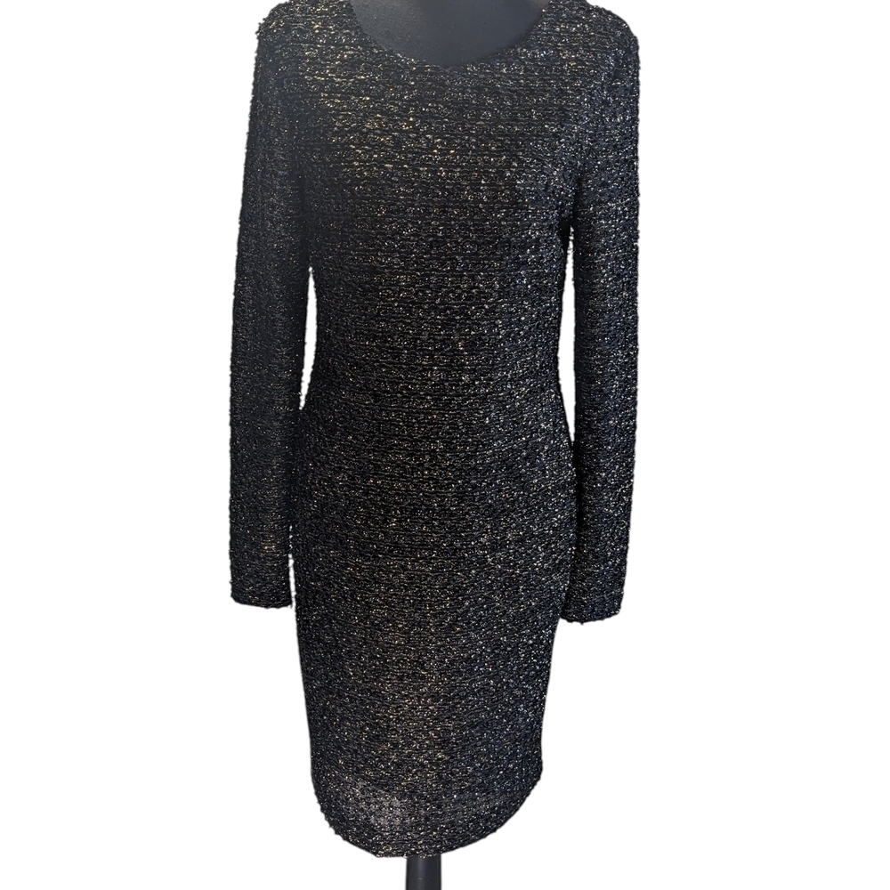 Badgley Mischka Black, Silver & Gold  Sequin Long Sleeve Dress Formal L
